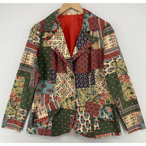 LATCH ON Blazer Womens S Floral Patchwork Print Two Button Jacket Green